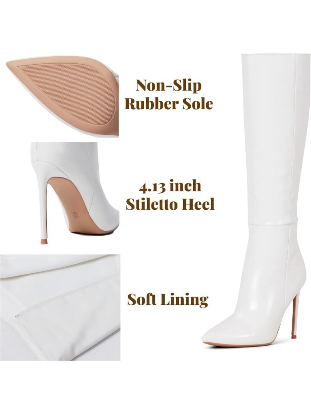 Women's Chaste White Stiletto Heel Closed Toe Knee High Zipper Ankle Booties - Picture 3 of 6